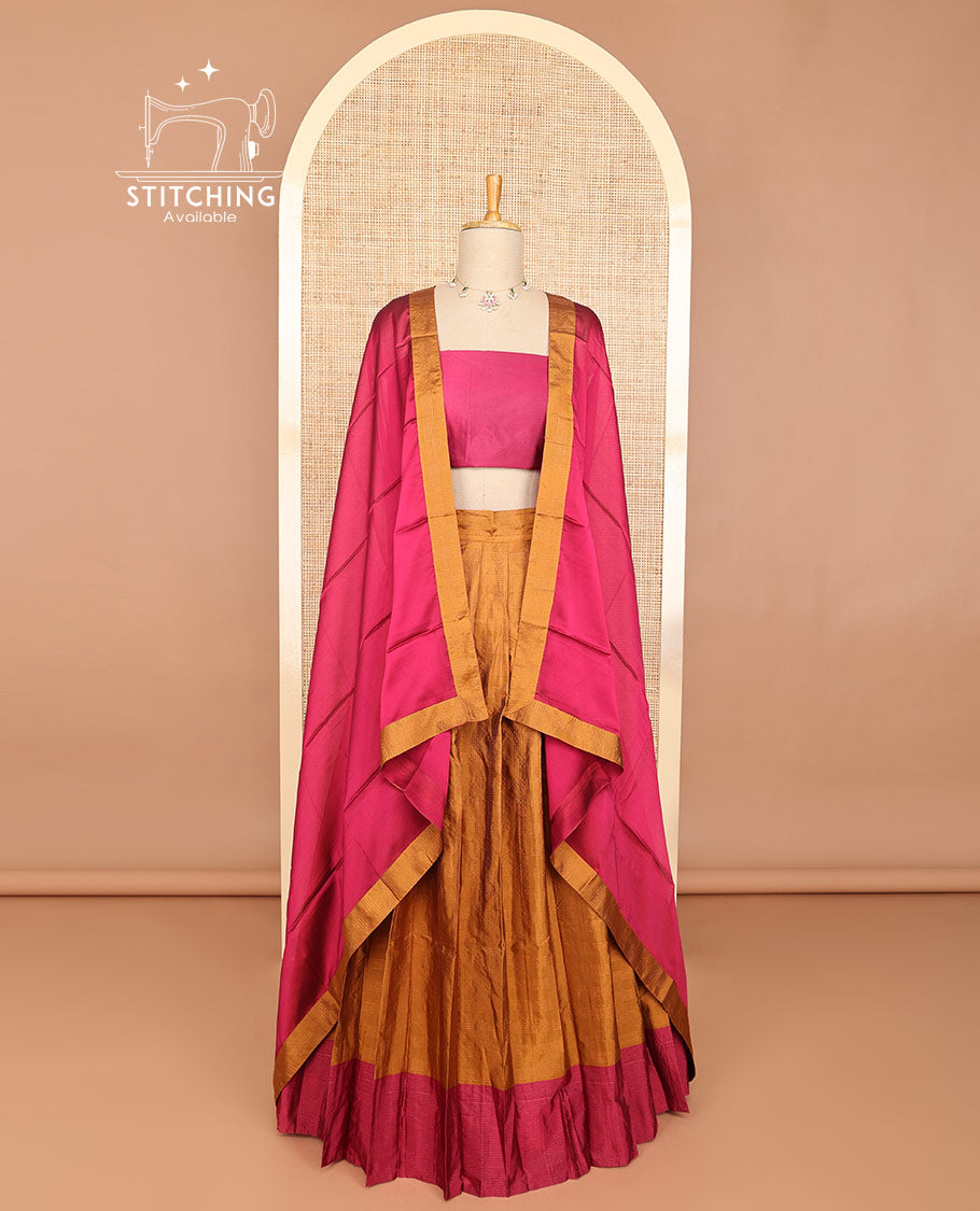 Brown striped half saree with contrast border, plain blouse & plain, checked border dhavani