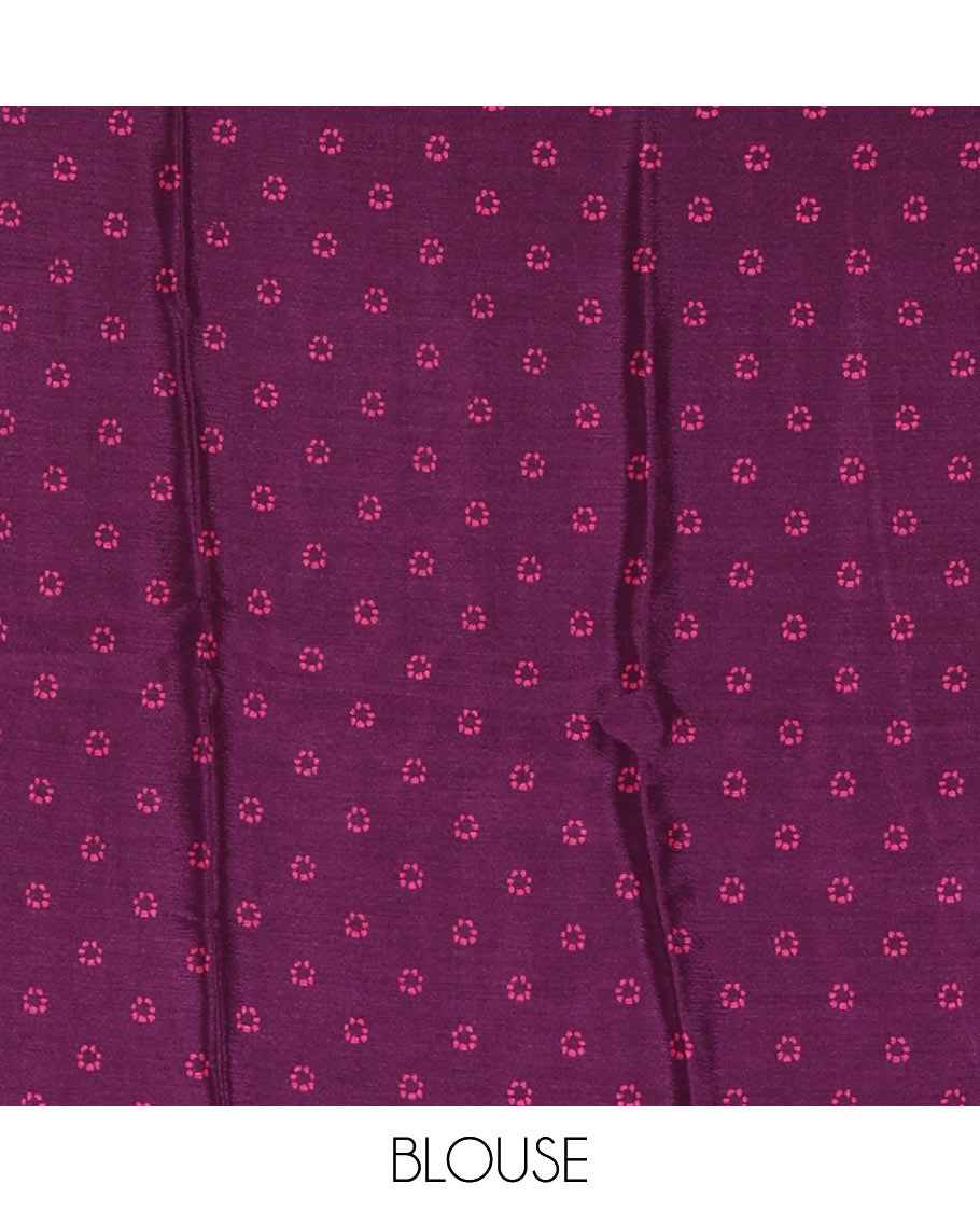 Borderless purple Shibori-style circle motifs printed Turkey crepe saree, Shibori printed pallu & small buttas printed blouse