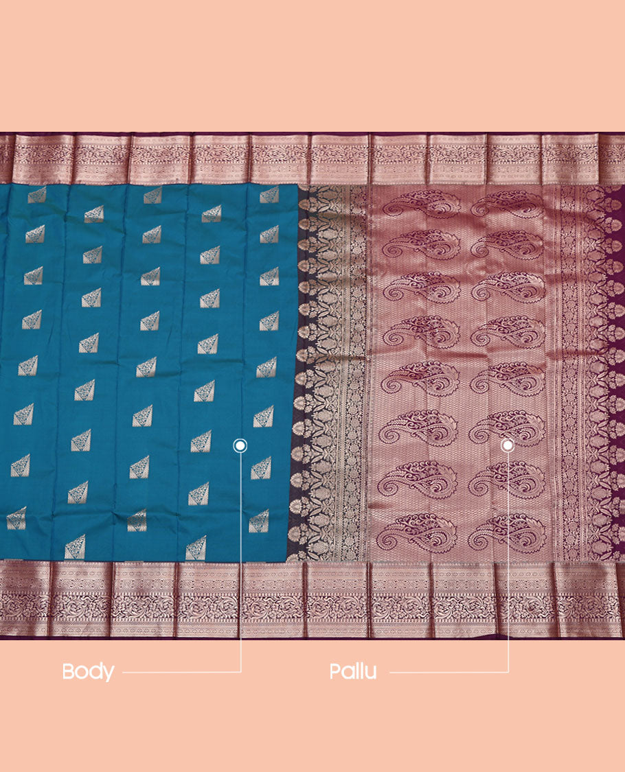 Blue Budget Silk Saree, Beautified with Zari Buttas, Complemented by a Contrast Traditional Zari Border, Pallu Steeped with Paisleys, and a Contrast Blouse
