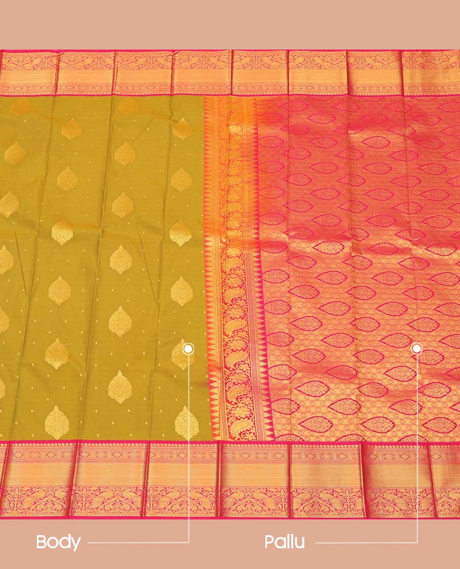 Green Budget Silk Saree, Prettified with Zari Buttas All Over Its Body, Complemented by a Contrast Traditional Zari Border of Peacock Designs, Intricately Designed Pallu, and Paired with a Contrast Blouse