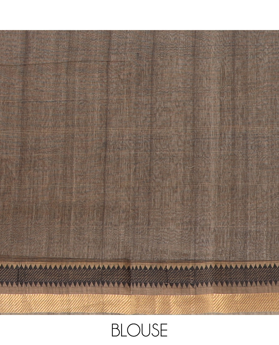 Light brown mangalagiri cotton saree with contrast temple border & striped pallu