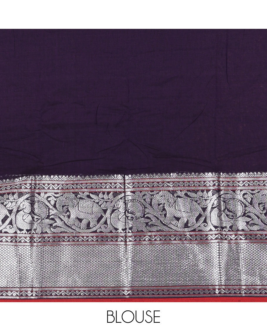 Violet plain mercerised cotton saree, contrast traditional zari border of elephant and peacock designs, striped pallu, and plain blouse