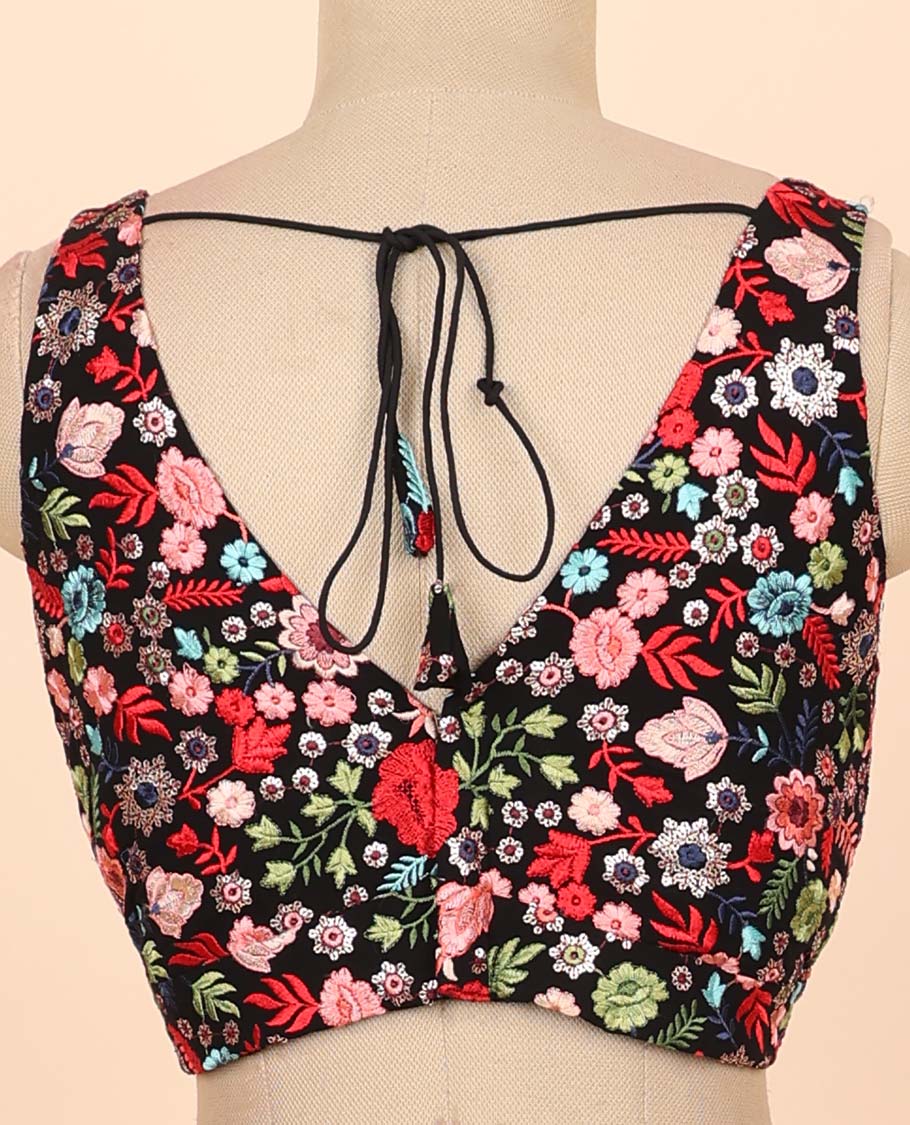 Black floral embroidered front & back deep v-neck raw-silk readymade sleeveless blouse