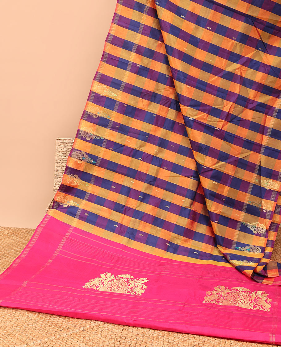 Multi-color checked kancheepuram silk saree with self floral zari design & intricate zari design pallu