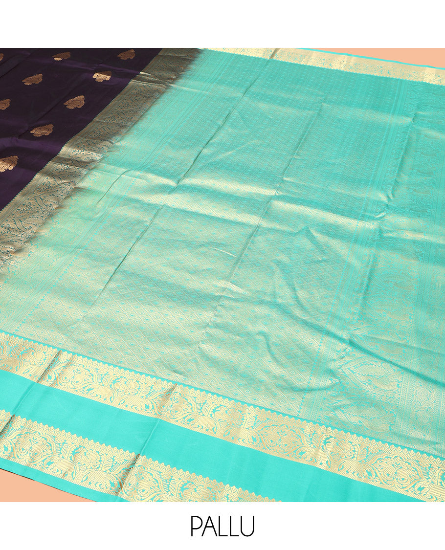Eggplant Purple Vasundhara Silk Saree, Decorated with Zari Buttas, Complemented by a Contrast Rettai Pettu Mayil-Yaanai Border, Jaal Pallu, and a Contrast Blouse
