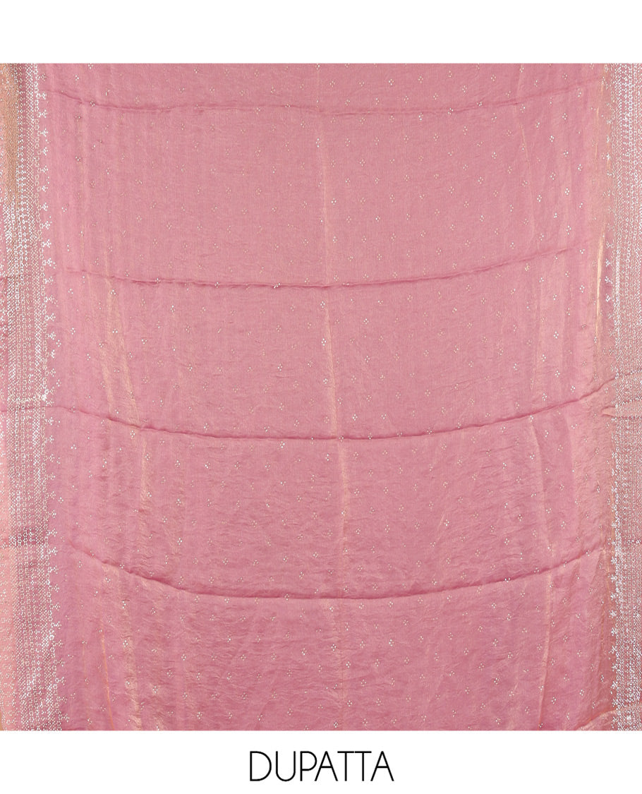 Dusky Lavender Fendi Organza Material Chudidar Fetaures Pom-Pom-Neckline Top, Plain Bottom, and Scallop Embroidered Dupatta