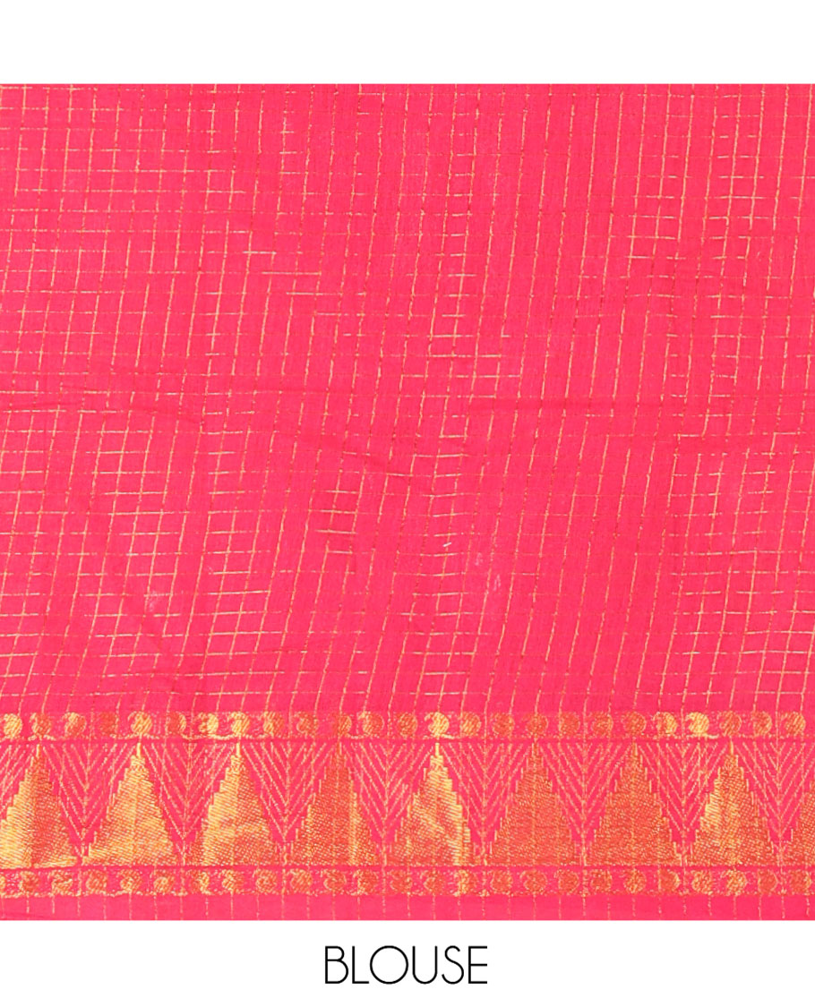 Violet and Rani Pink Plain Sungudi Cotton Half-saree, Complemented by Captivating Contrast Traditional Zari Border of Temple, Peacock, and Elephant Designs, Paired with a Contrast Zari Checked Blouse, and Comes with a Zari-Bordered Vichitra Silk Dhavani