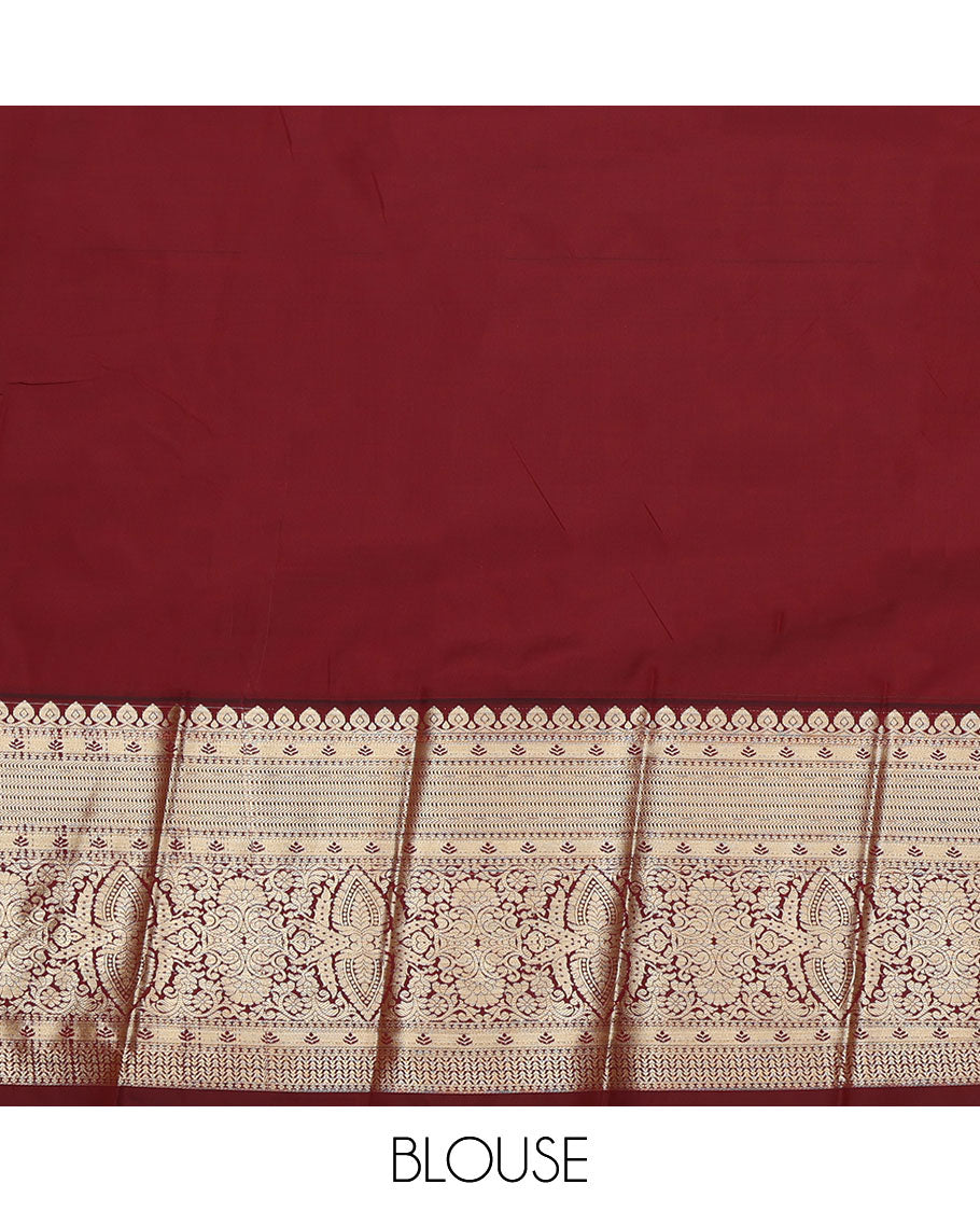 Green Budget Silk Saree, Accentuated with Zari Buttas on Its Body, Complemented by a Contrast Traditional Zari Design-Woven Border, Geometric Patterned Pallu, and Paired with a Contrast Blouse