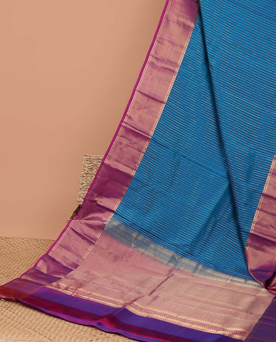 Blue striped vasundhara elite silk saree with contrast intricate zari design border & checked zari design pallu
