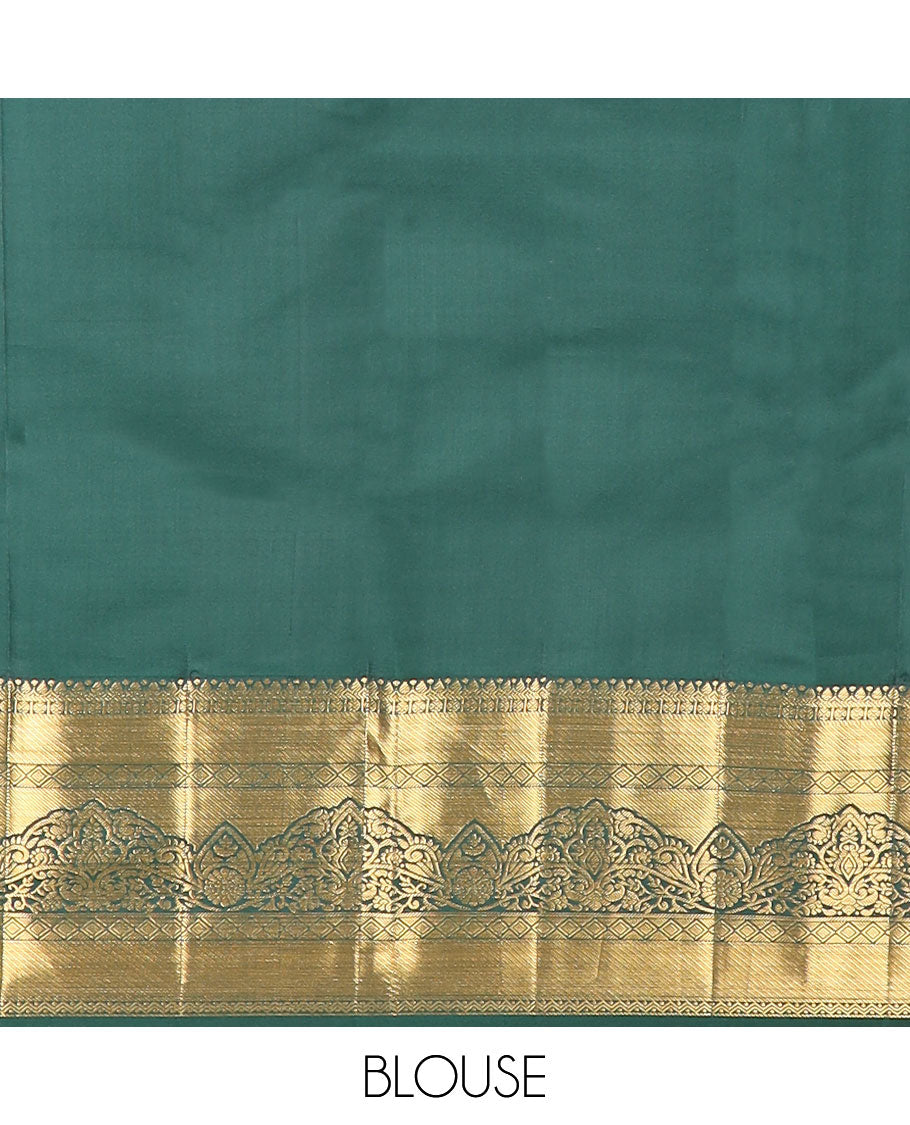 Yellow zari buttas vasundhara silkmix saree, contrast intricate pallu & border of thilakam,rudraksham,diamond & floral design