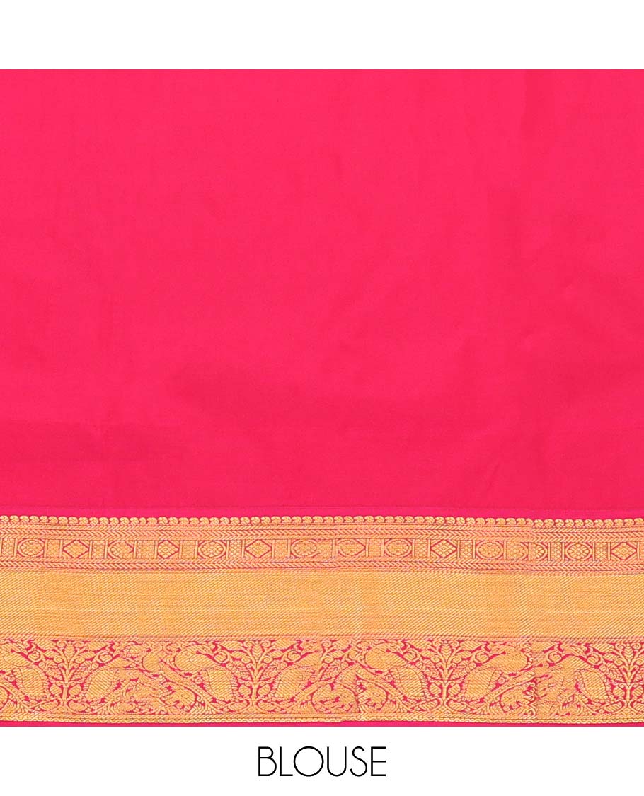 Green Budget Silk Saree, Prettified with Zari Buttas All Over Its Body, Complemented by a Contrast Traditional Zari Border of Peacock Designs, Intricately Designed Pallu, and Paired with a Contrast Blouse