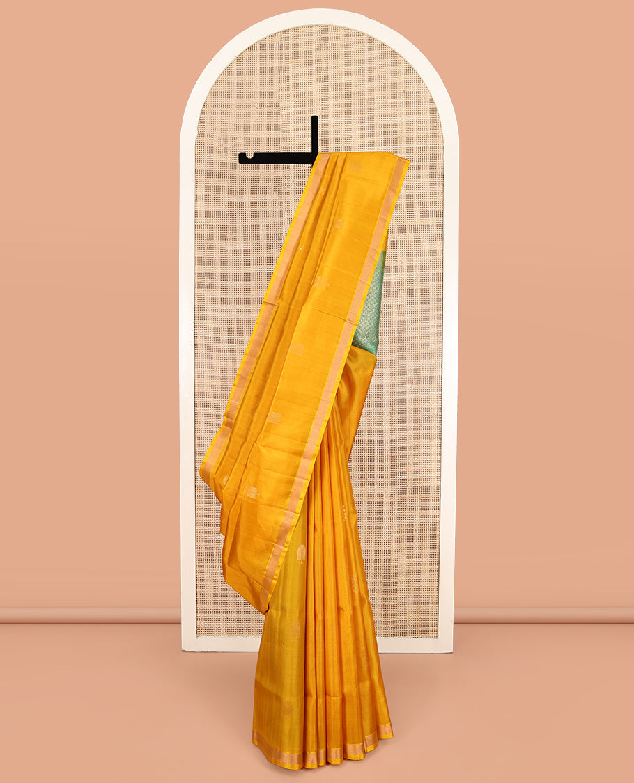 Mustard Mayuri Soft Silk Saree, Subtly Sparkled with Buttas, a Zari Border, Contrast Zari Design Pallu, and a Contrast Blouse