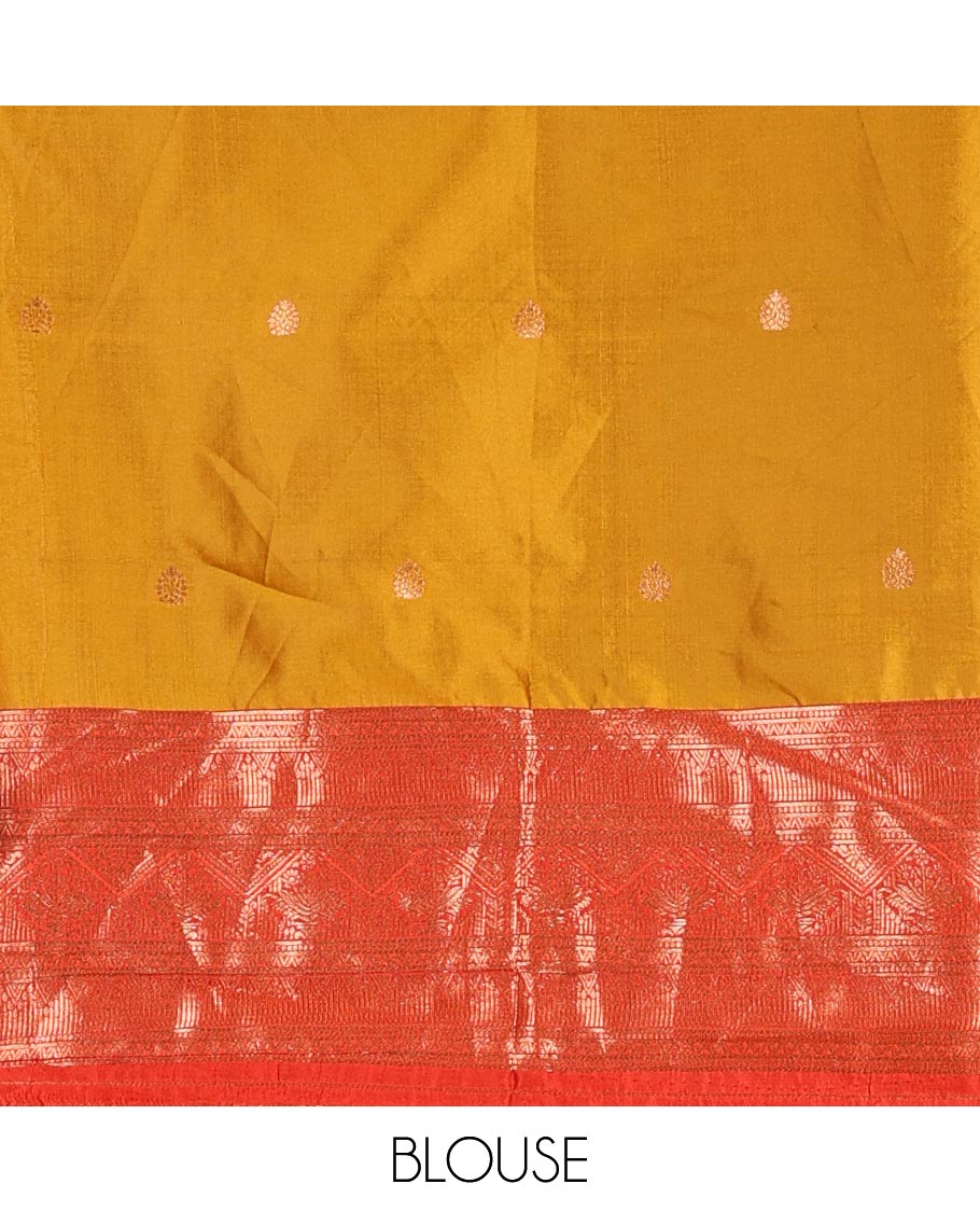 Mustard taffeta silk half saree, zari buttas with contrast red traditional zari border, matching zari blouse, and contrast plain zari border dhavani