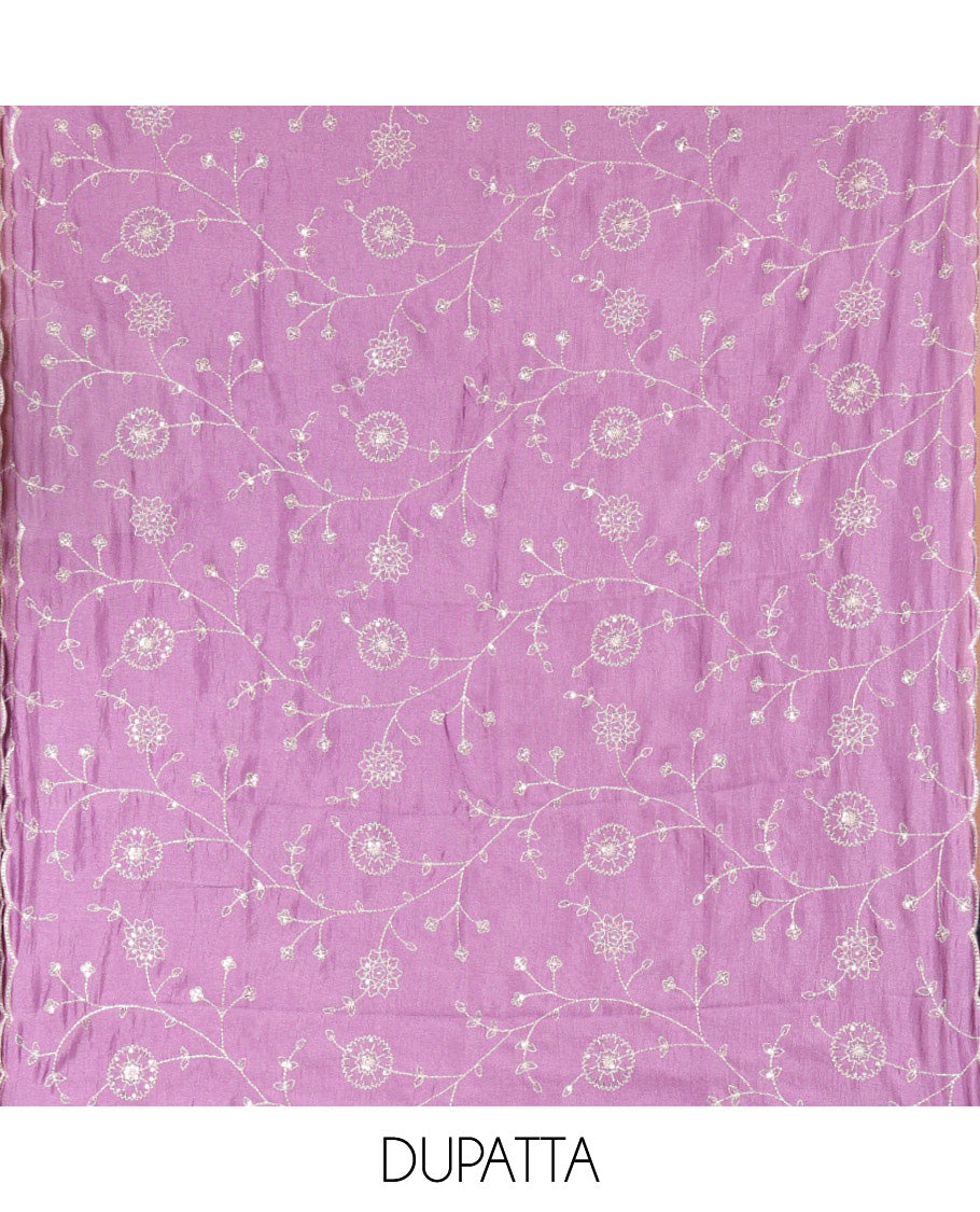 Cream with Lavender Vichitra Silk Material Chudidar Set, Elevated with Gold Zari Buttas On Its Top, a Plain Santoon Bottom, and Comes with a Floral Vine Sequins Embroidered Dupatta