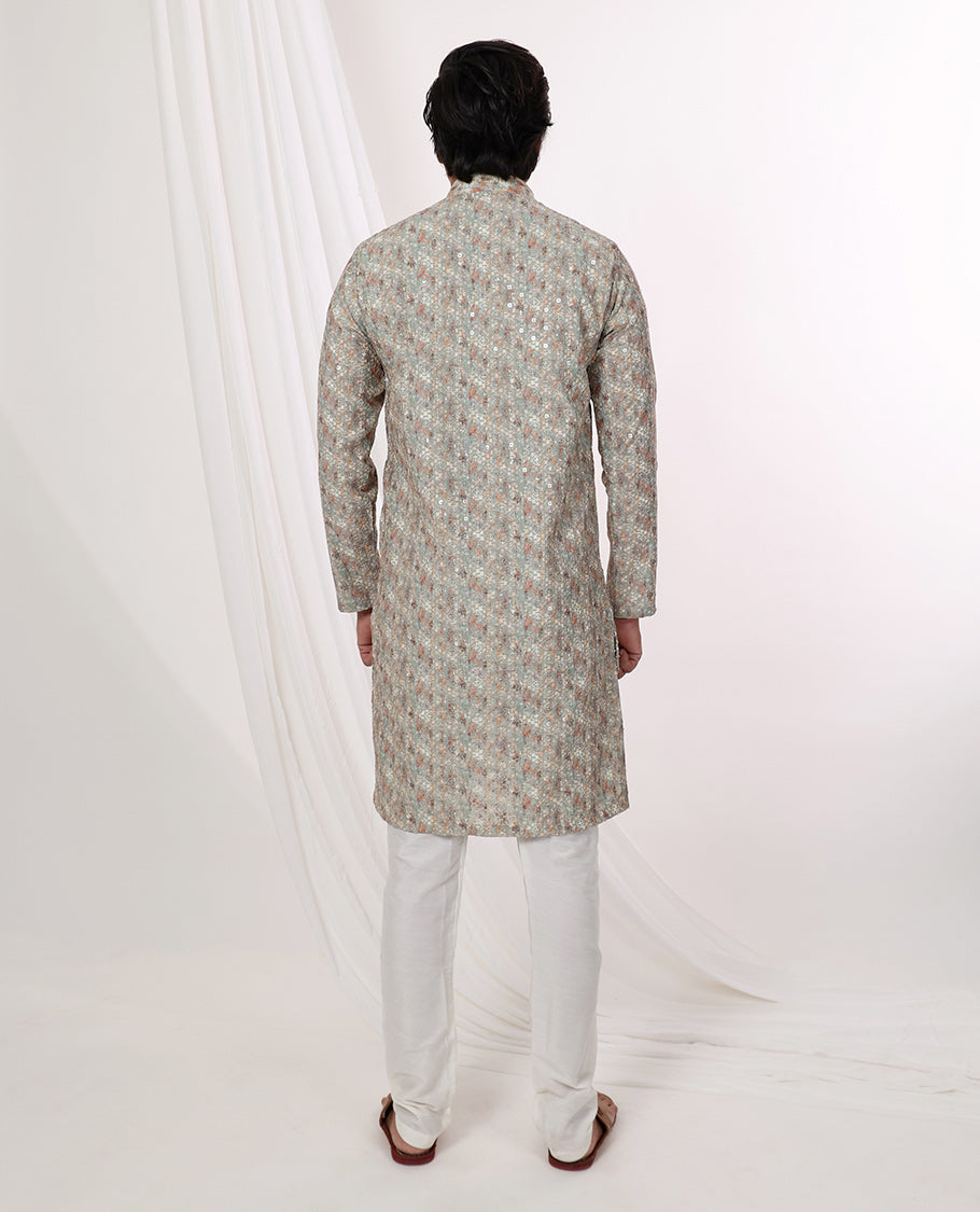 mint green abstract design with sequins work mandarin collar & full-sleeve long raw silk kurta