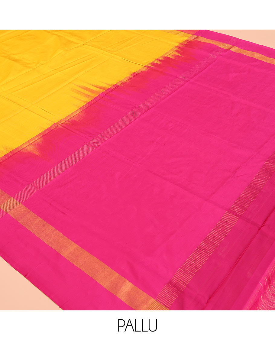 Yellow Plain Uppada Silk Saree, Complemented by a Contrast Plain Border, Plain Pallu, and Paired with a Contrast Blouse