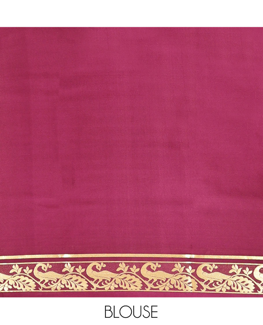 Maroon Plain Mysore Silk Saree, Highlighted by Zari Traditional Border of Peacock Designs, Pallu Steeped with Zari Stripes, and Paired with a Matching Blouse