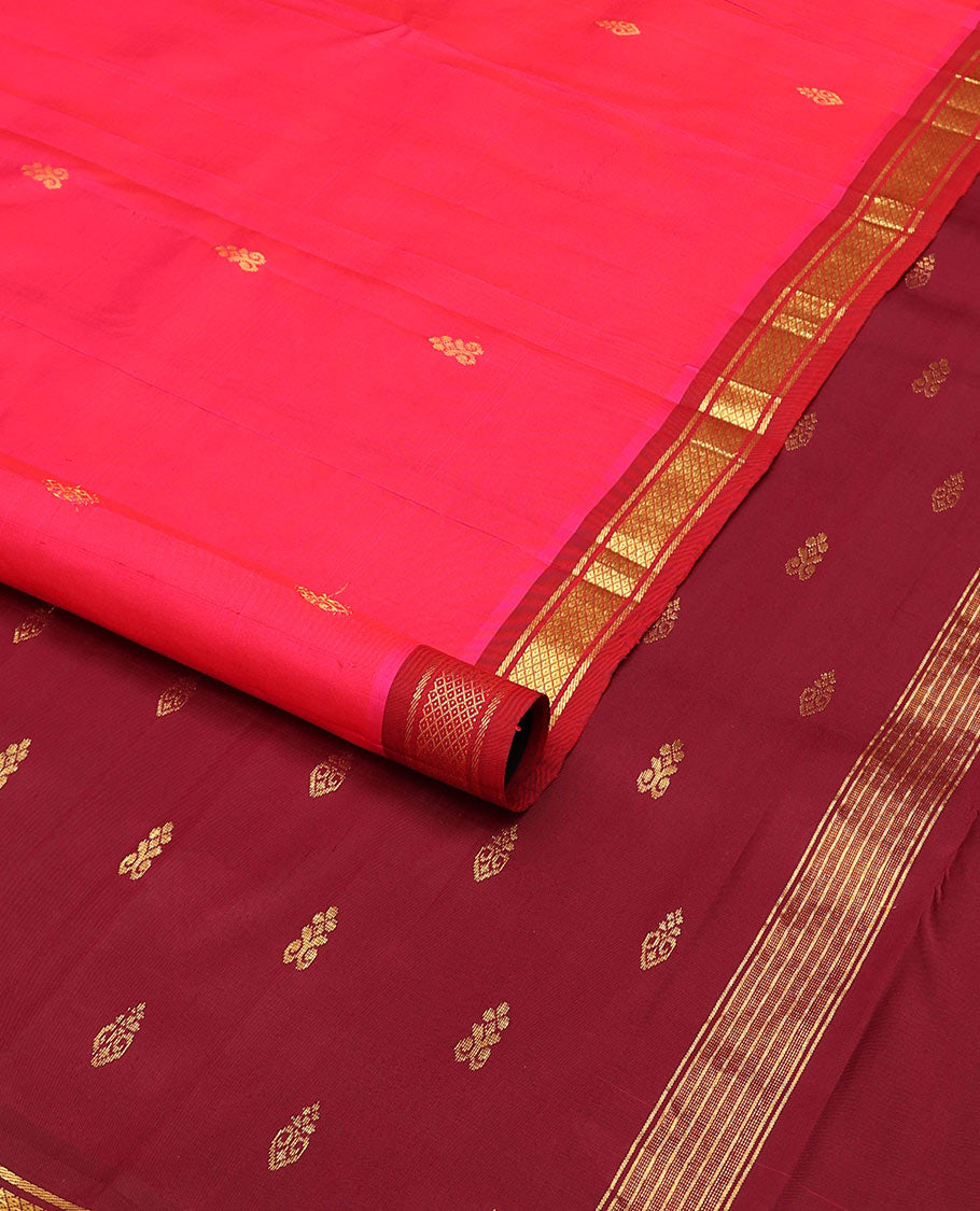 Pink buttas kancheepuram silk saree with contrast border of banaras, kuyil kann design & zari design pallu