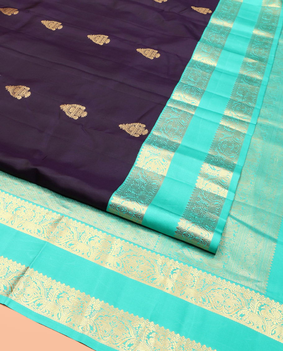 Eggplant Purple Vasundhara Silk Saree, Decorated with Zari Buttas, Complemented by a Contrast Rettai Pettu Mayil-Yaanai Border, Jaal Pallu, and a Contrast Blouse