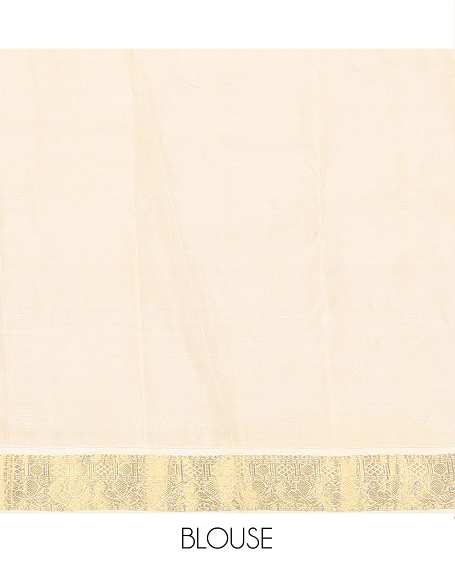 Yellow zari buttas Vasundhara silk mix saree, contrast border of rudraksham and mayil designs, and zari-rich pallu