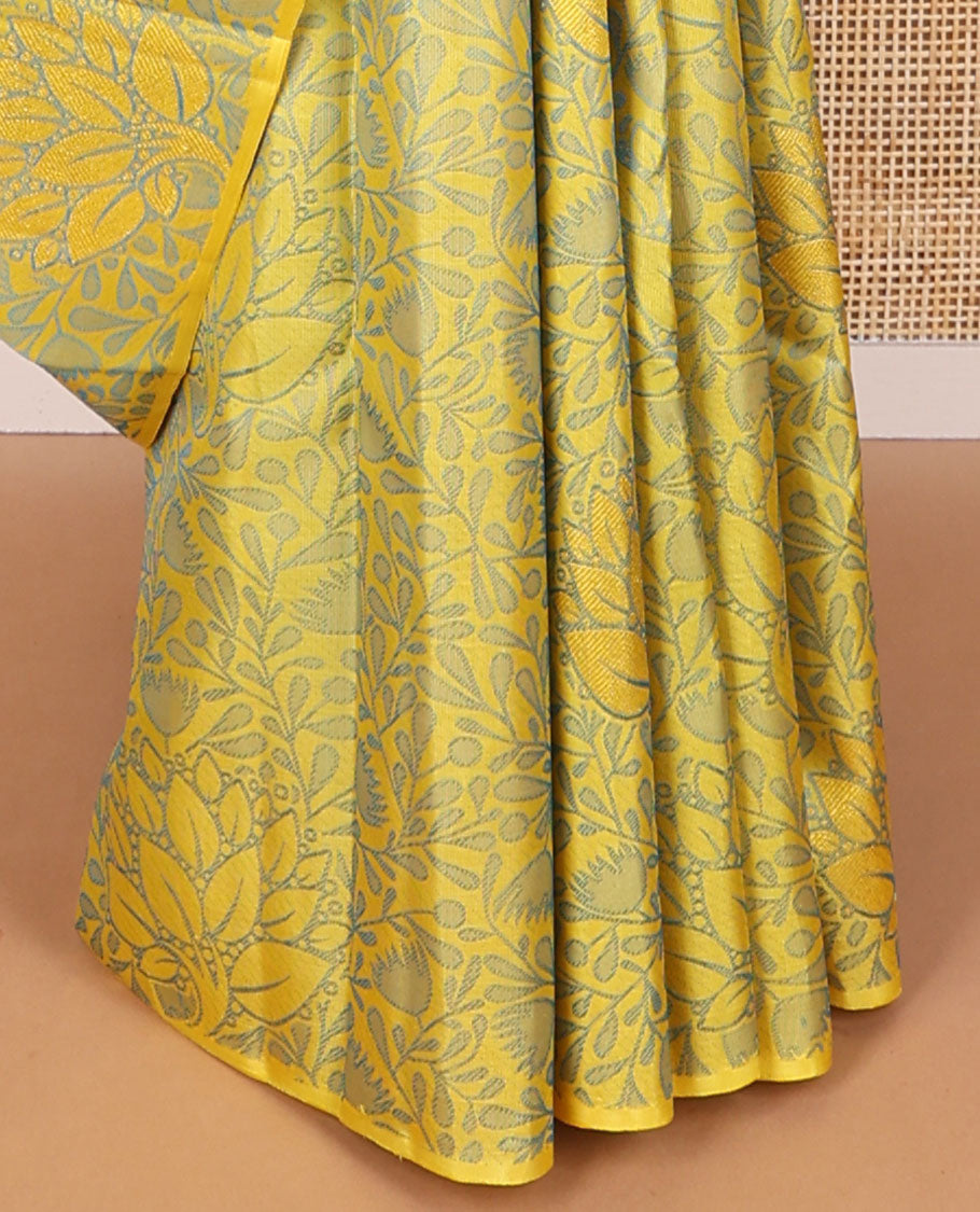 Borderless Light green floral design kancheepuram silk saree with floral design pallu