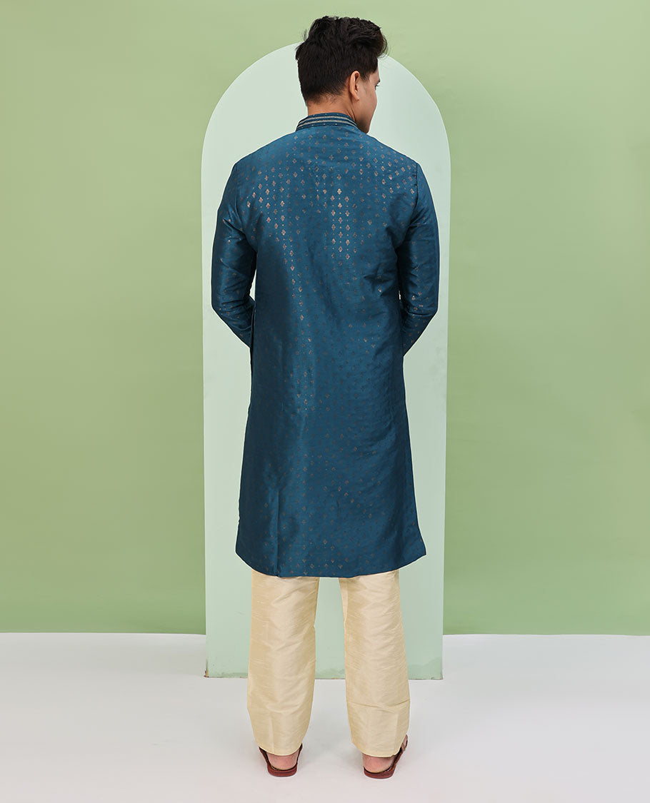 Blue antique golden color buttas, and neck embroidered full-sleeved readymade kurta