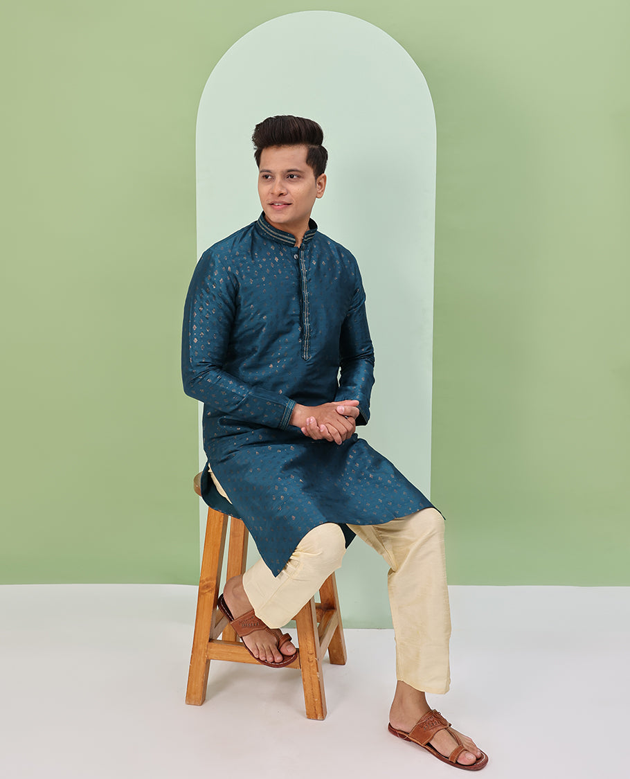 Blue antique golden color buttas, and neck embroidered full-sleeved readymade kurta