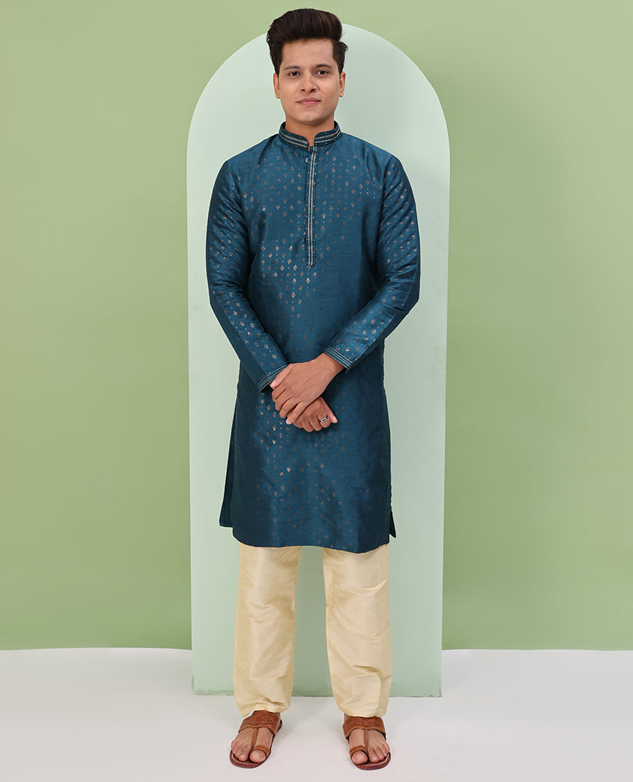 Blue antique golden color buttas, and neck embroidered full-sleeved readymade kurta