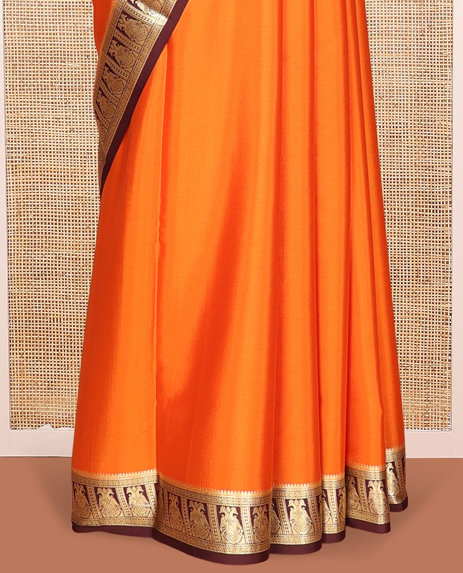 Orange Plain Mysore Silk Saree, Complemented by a Contrast Two-Headed Eagle Zari Border, Zari Design Pallu, and a Contrast Blouse