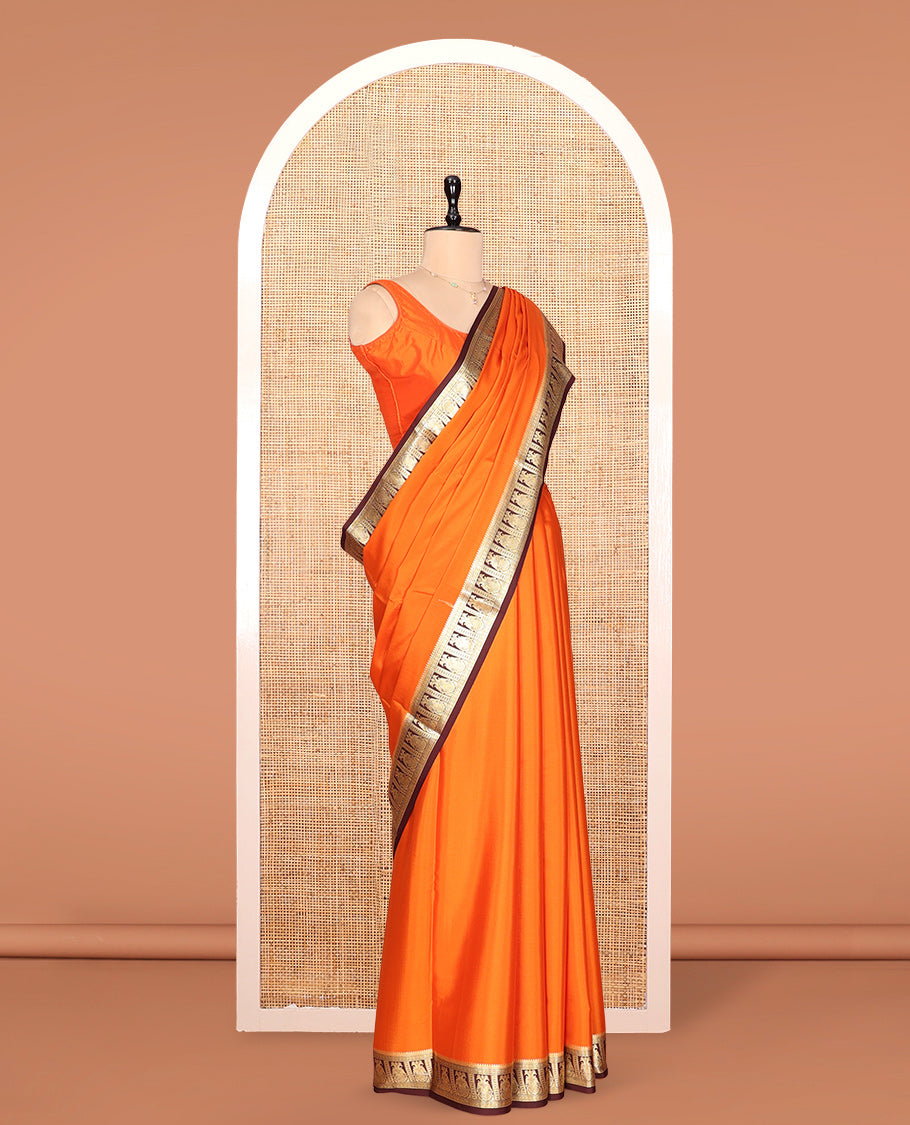 Orange Plain Mysore Silk Saree, Complemented by a Contrast Two-Headed Eagle Zari Border, Zari Design Pallu, and a Contrast Blouse