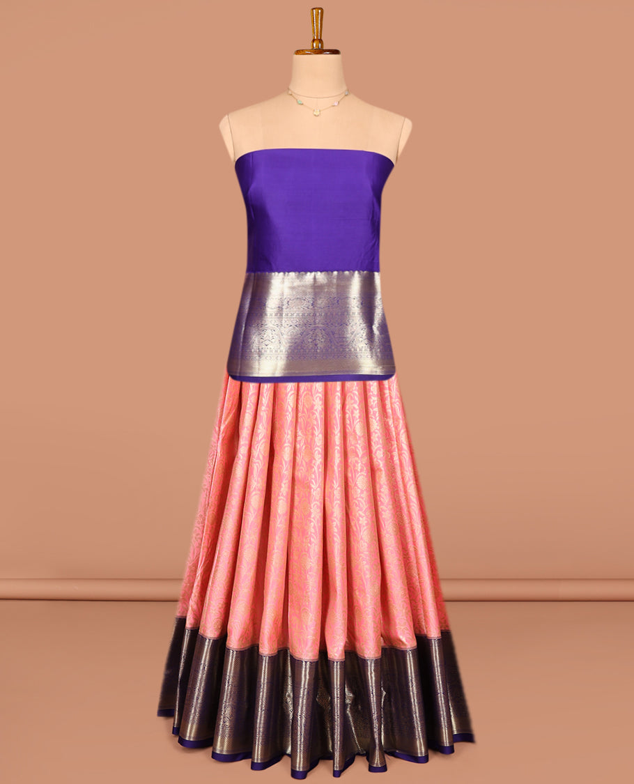 Pink Art Silk Pavadai Material Set, Woven with Floral Jacquard on Its Skirt, Complemented by a Contrast Traditional Zari Design Border, and Paired with a Contrast Blouse
