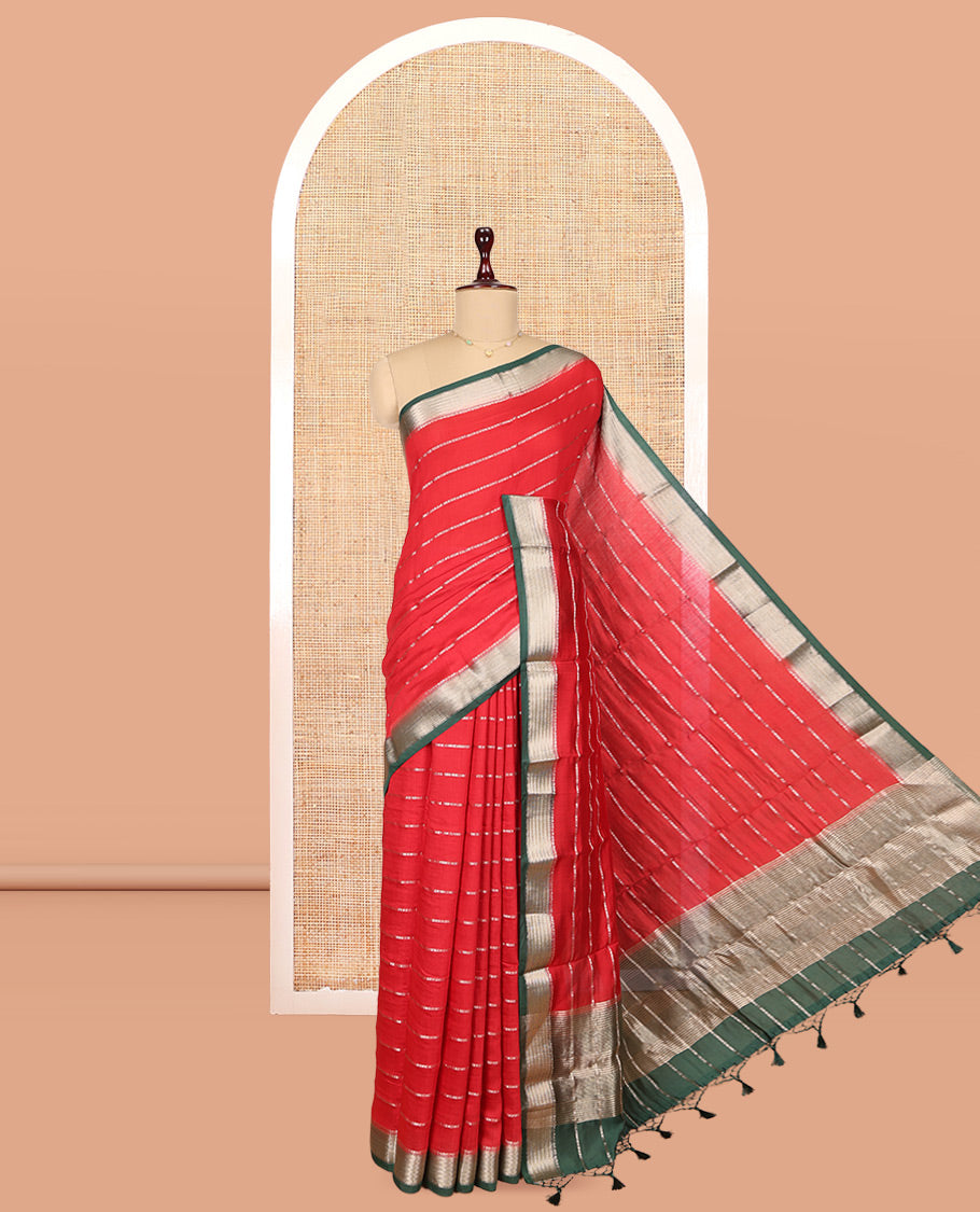 Red Assam Silk Saree, Adorned with Zari Stripes, Complemented by Contrast Zari Border, Zari Woven Pallu, and Contrast Blouse
