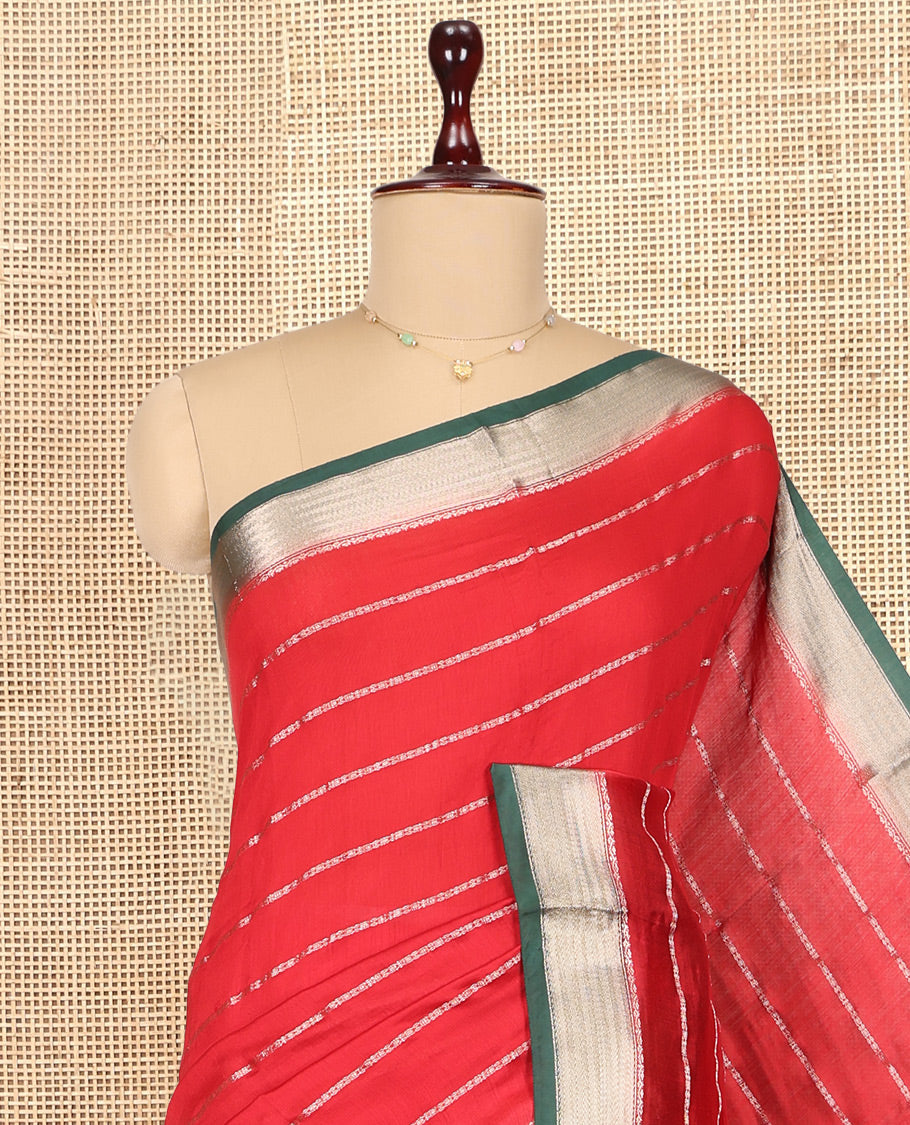 Red Assam Silk Saree, Adorned with Zari Stripes, Complemented by Contrast Zari Border, Zari Woven Pallu, and Contrast Blouse