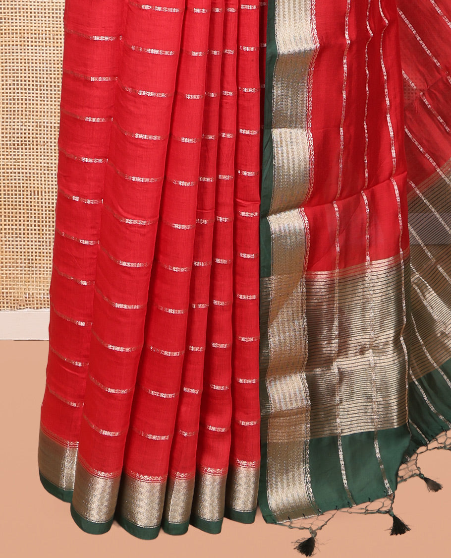 Red Assam Silk Saree, Adorned with Zari Stripes, Complemented by Contrast Zari Border, Zari Woven Pallu, and Contrast Blouse