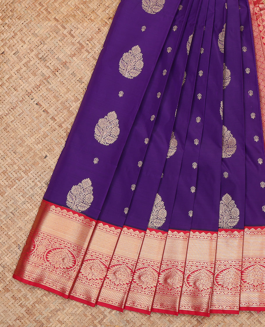 Violet Budget Silk Saree, Detailed with Zari Buttas, Complemented by a Contrast Traditional Zari Border, Grand Jaal Pallu, and Contrast Blouse