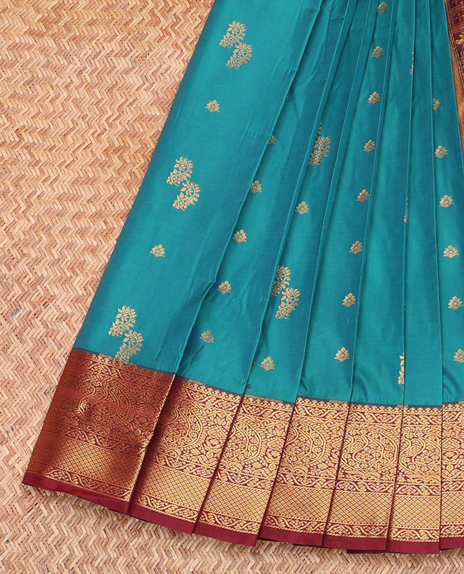 Blue Budget Silk Saree, Adorned with Zari Buttas, Complemented by a Contrast Traditional Border, Navagunjara Pallu, and a Contrast Blouse