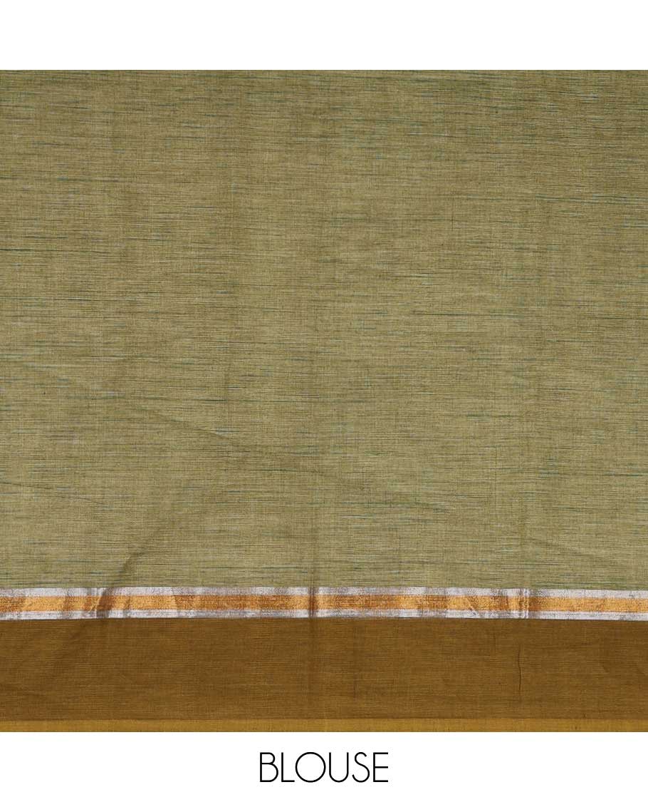 Green Madhubani flora-fauna printed chirala cotton saree, contrast plain border & pallu of flowers & musical instruments
