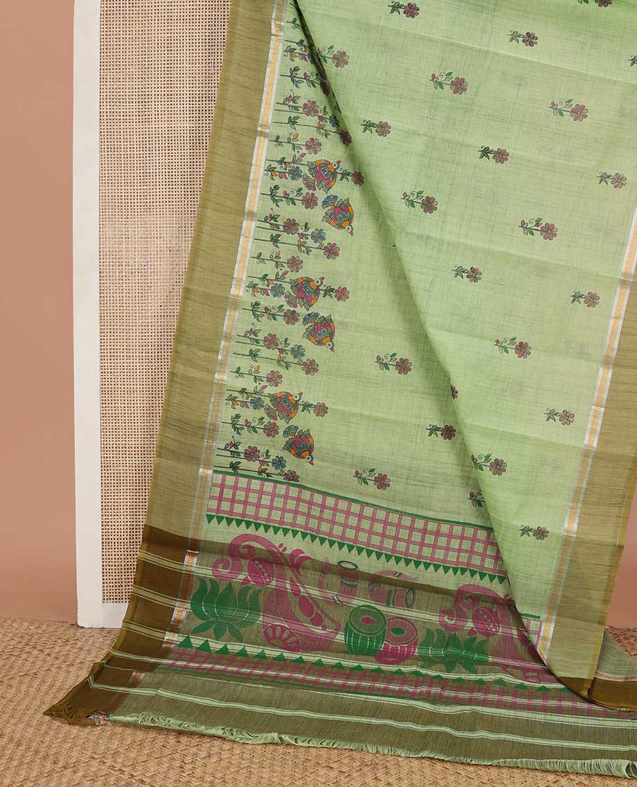 Green Madhubani flora-fauna printed chirala cotton saree, contrast plain border & pallu of flowers & musical instruments