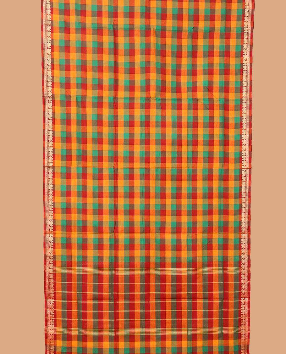 Multi-color checked nine-yard cotton saree, traditional design border, and pallu of stripes