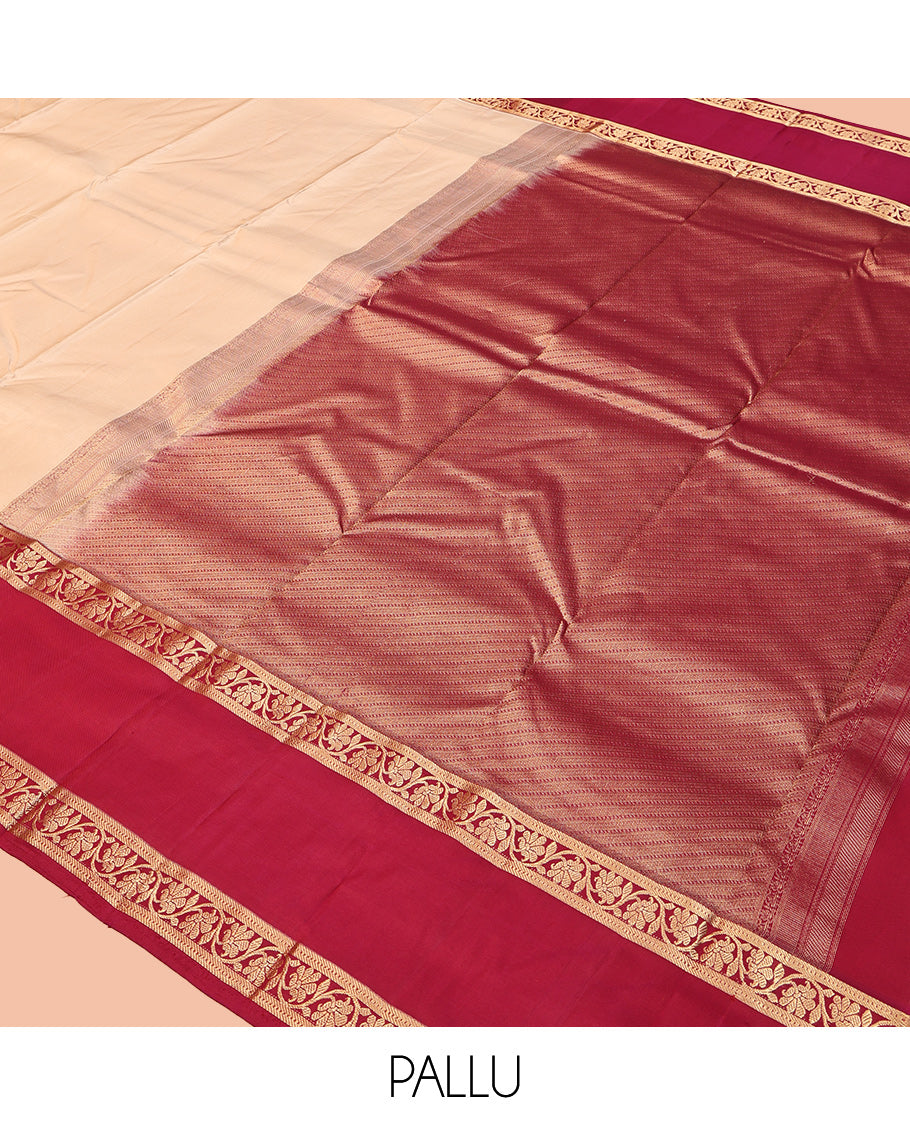Sandal Plain Kanchipuram Silk Saree, a Contrast Rettai Pettu Border of Kodi Visiry Designs, Intricate Pallu, and a Contrast Blouse