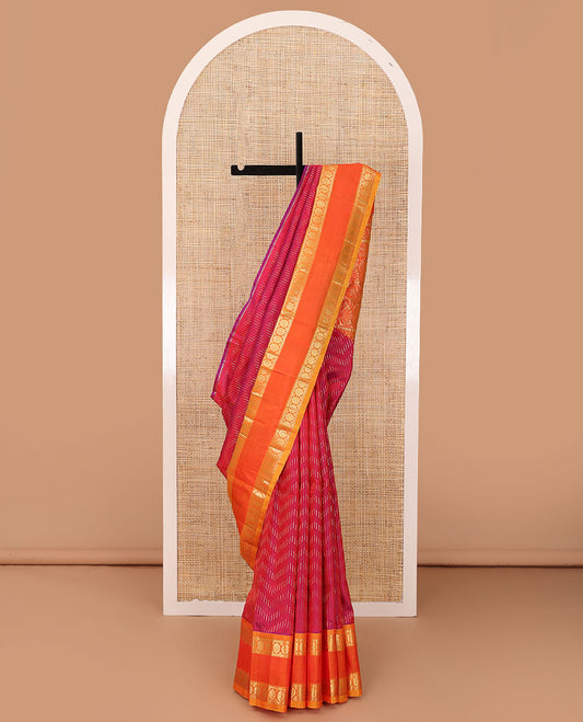 Red zari buttas Kanchipuram silk saree, contrast rettai pettu one-sided border of rekku,banaras & chakram designs & floral design pallu