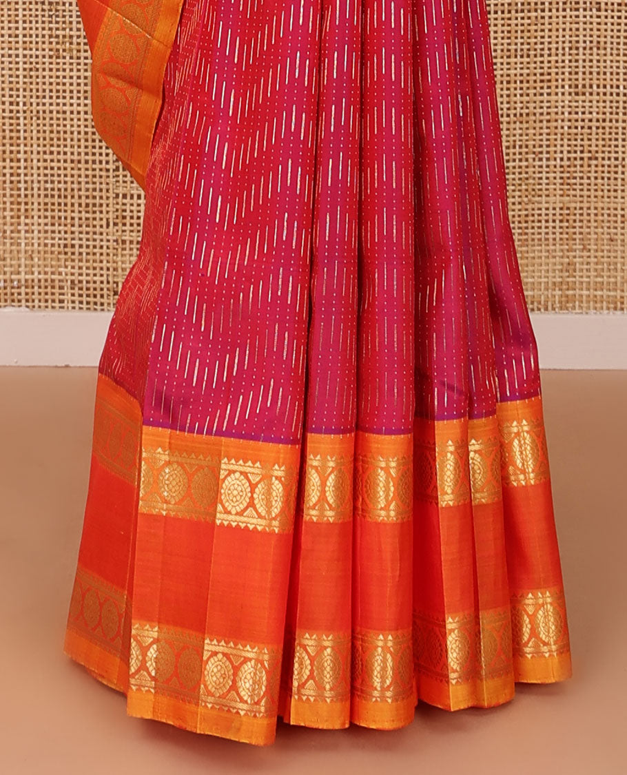 Red zari buttas Kanchipuram silk saree, contrast rettai pettu one-sided border of rekku,banaras & chakram designs & floral design pallu
