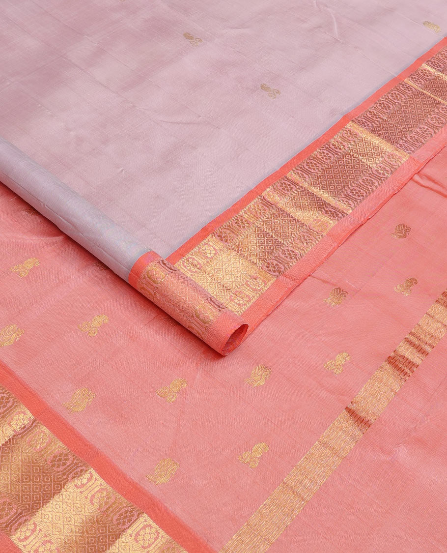 Pastel purple zari buttas Kanchipuram silk saree, contrast one-sided border of laddu kamalam, banras, and mayil kann, and zari design pallu