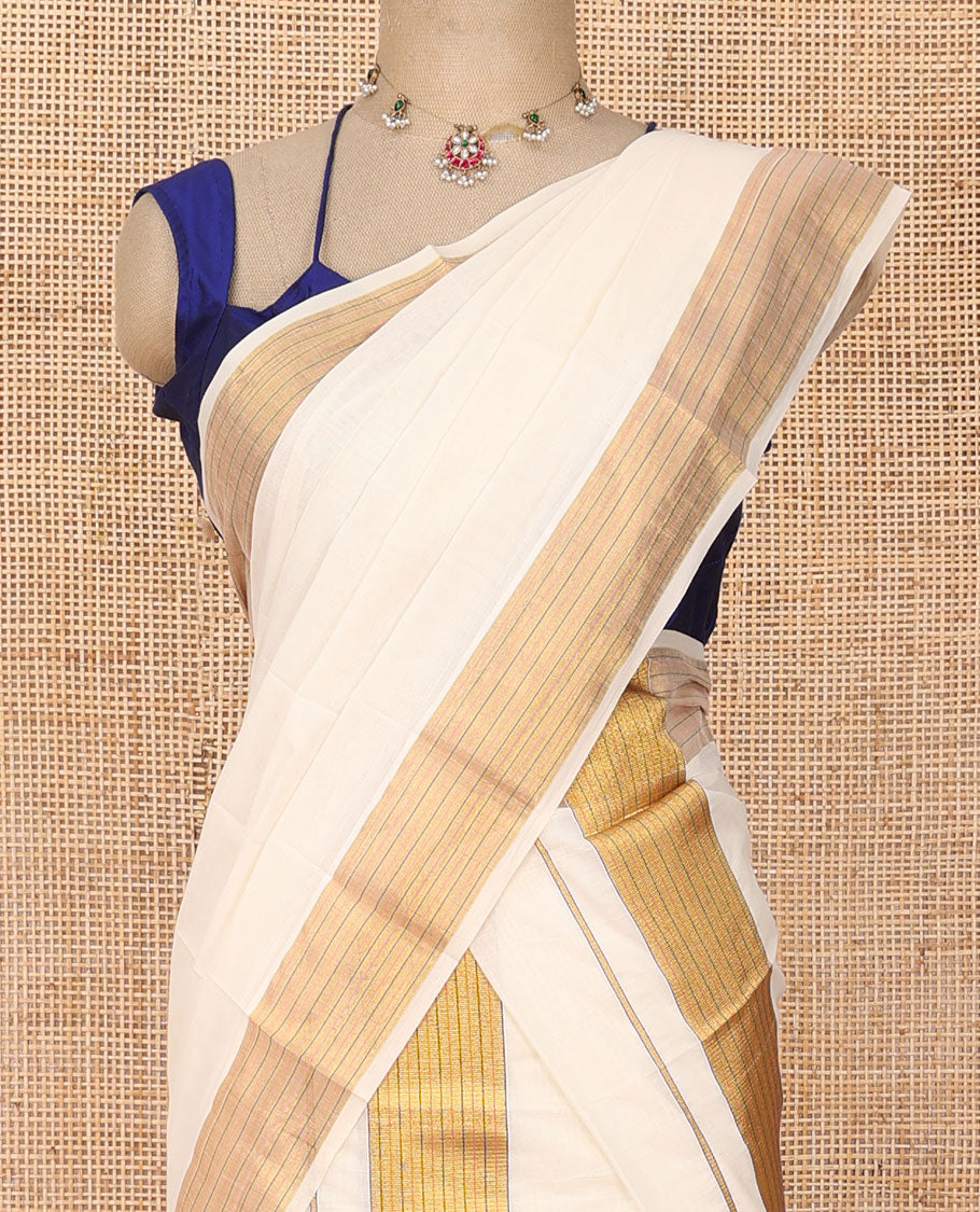 Cream Kerala mundu set with contrast printed border