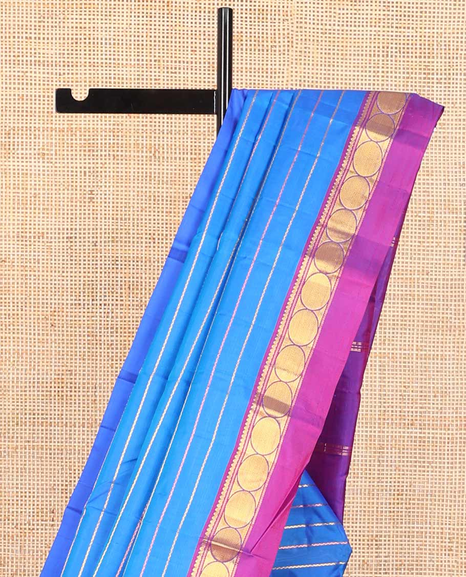 Blue striped kancheepuram silk saree with contrast intricate zari design border & striped pallu