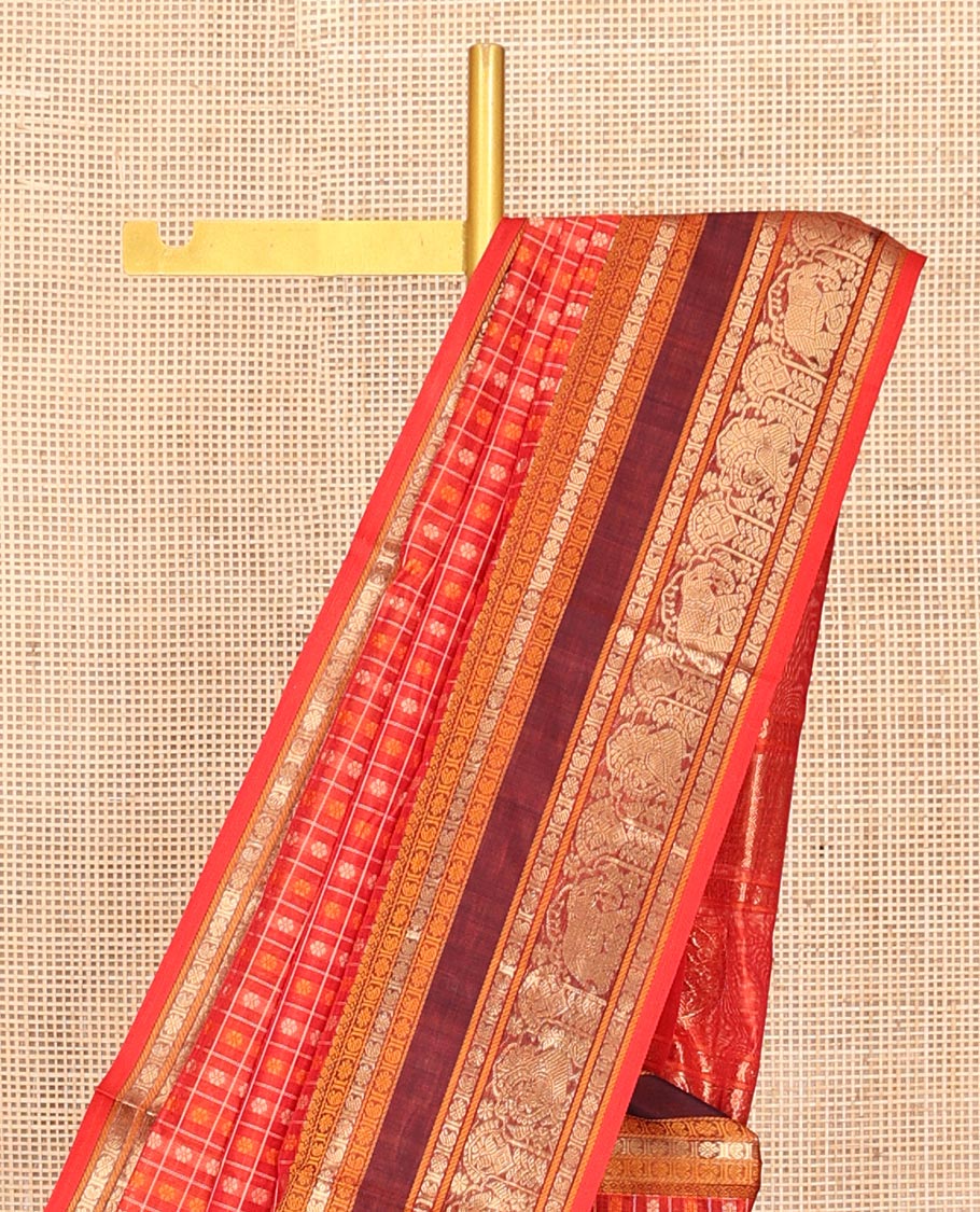 Red Buttas Enclosed Checked Kuppadam Silk Saree, Contrast Peacock-Elephant Border, Grand Pallu, Matching Blouse