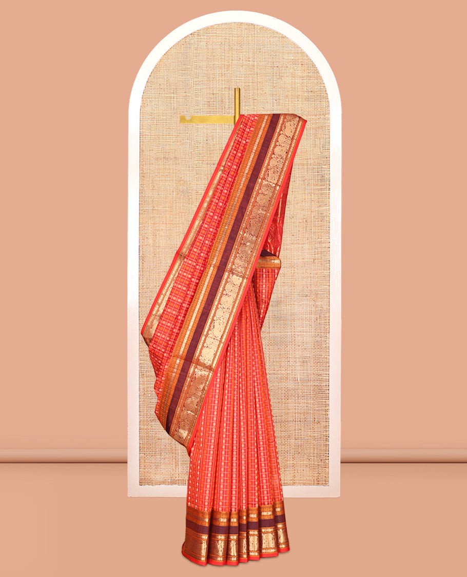 Red Buttas Enclosed Checked Kuppadam Silk Saree, Contrast Peacock-Elephant Border, Grand Pallu, Matching Blouse