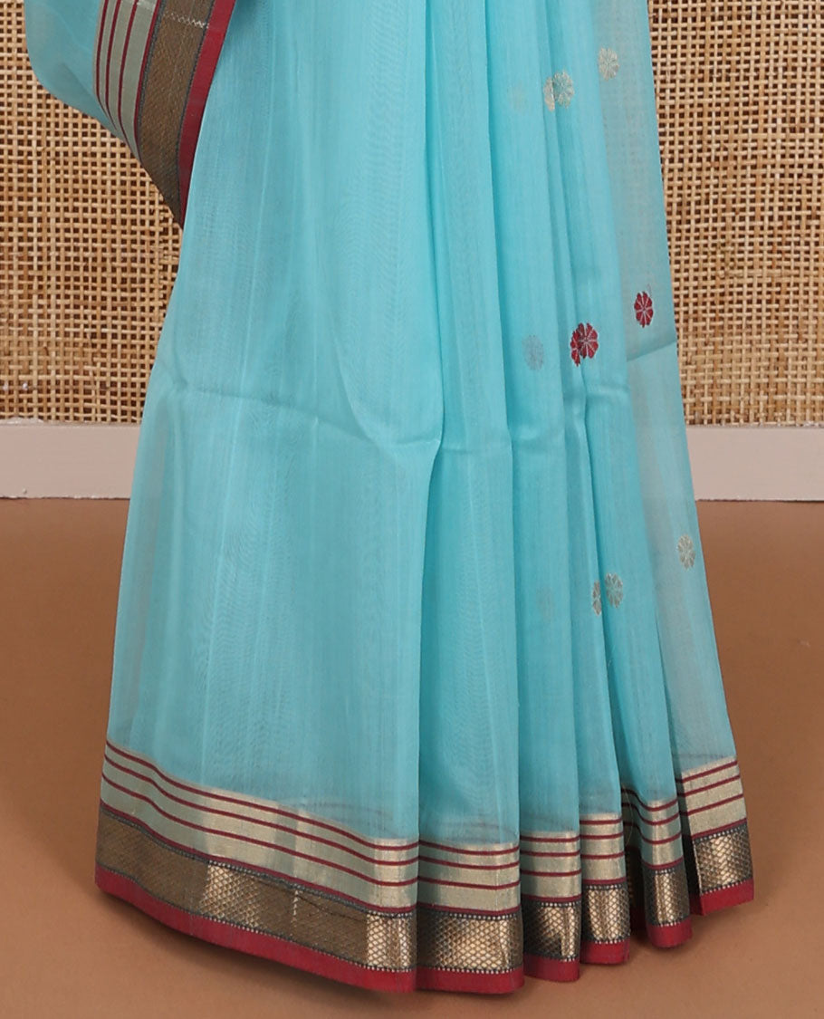 Light blue floral motifs maheshwari cotton saree with contrast zari border & striped pallu