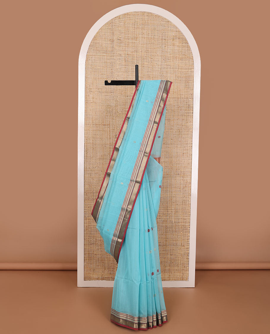 Light blue floral motifs maheshwari cotton saree with contrast zari border & striped pallu