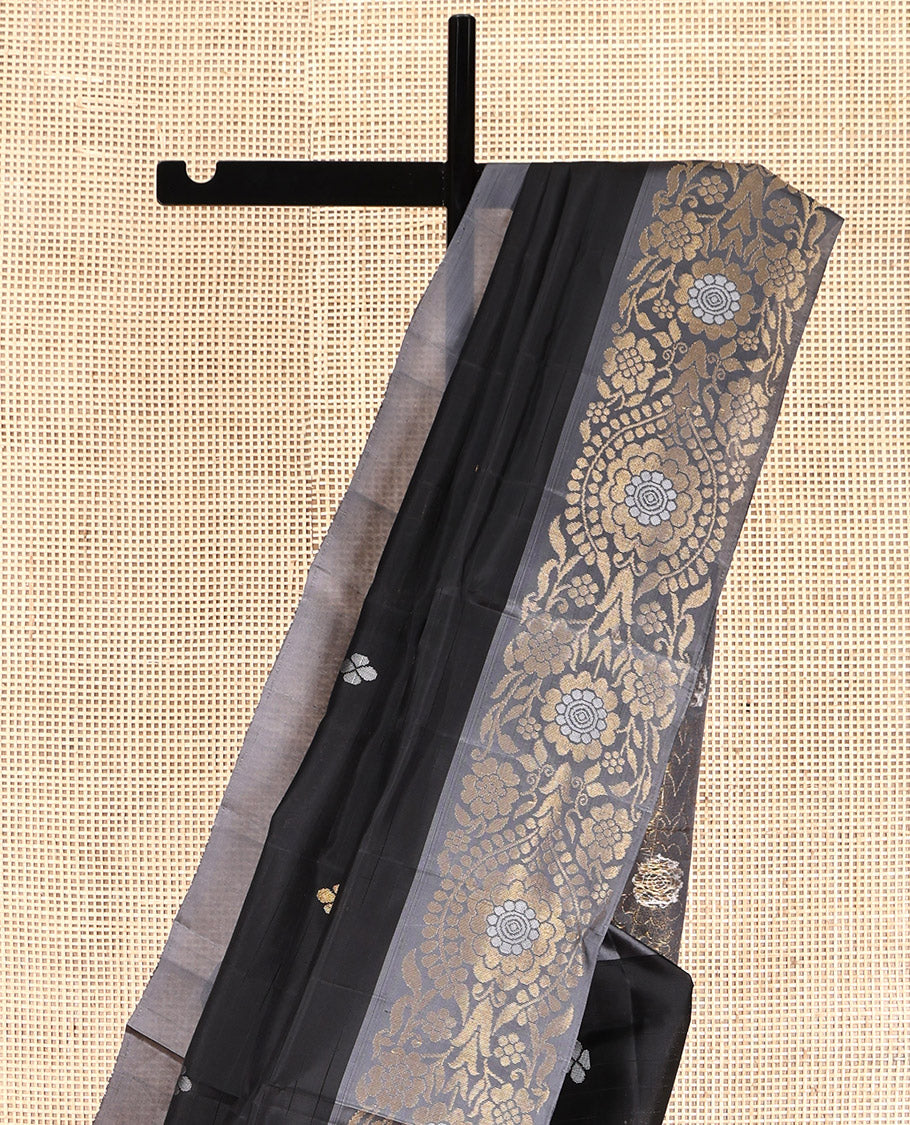 Black Mayuri Lite Silk Mix Saree, Embellished with Buttas, Complemented by Contrast Floral Design Border, Intricate Design Pallu, and Contrast Blouse